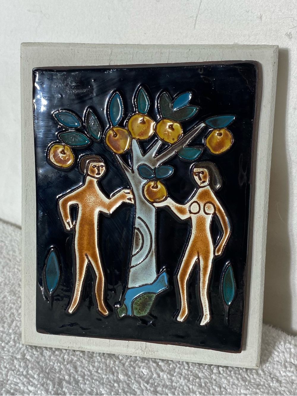 Vintage MCM Brutalist Garden of Eden Adam & Eve Tree Of Knowledge Ceramic Tile